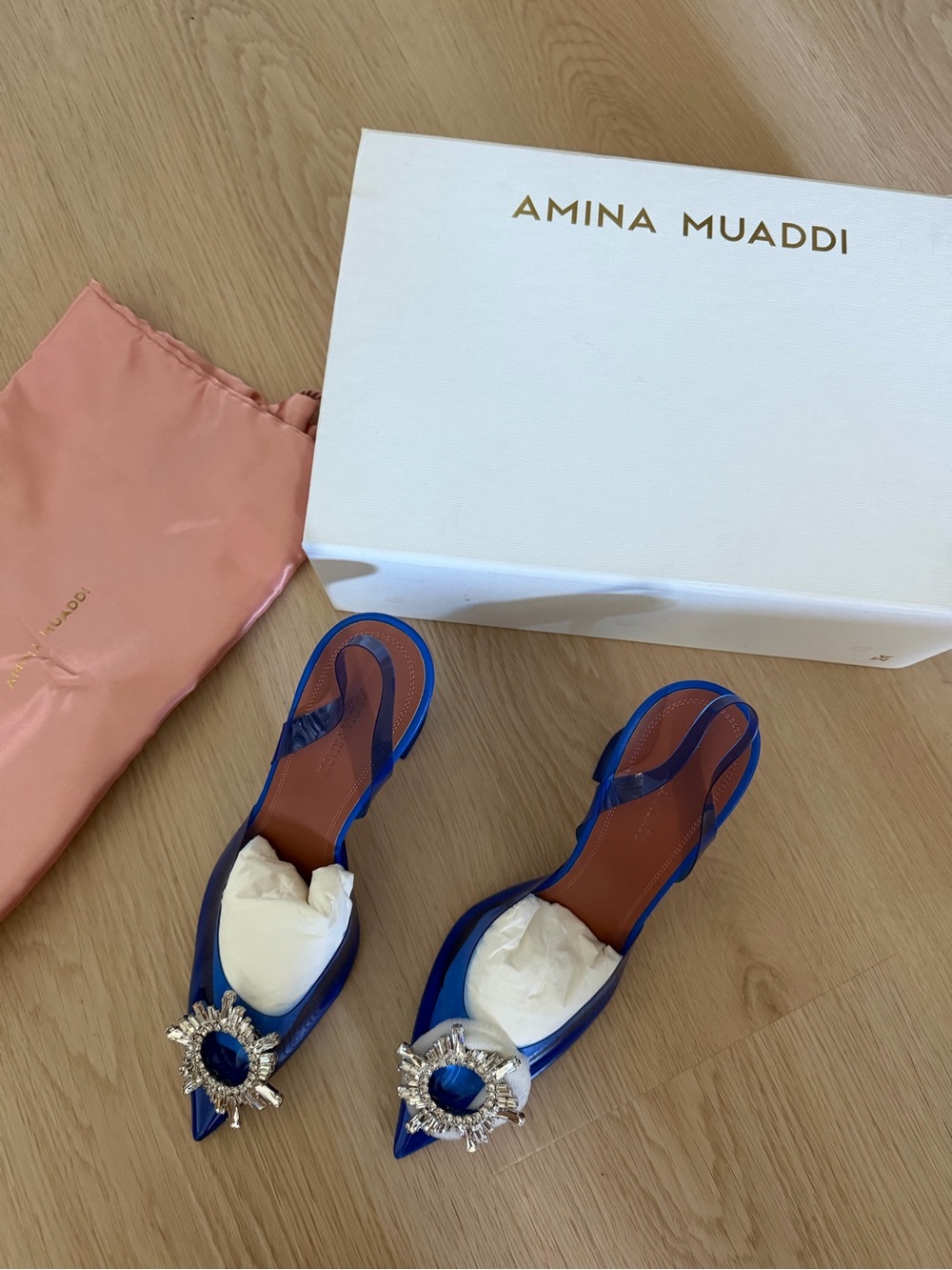 Amina Muaddi Cobalt Blue Jeweled Pointed Slingback Heels 39